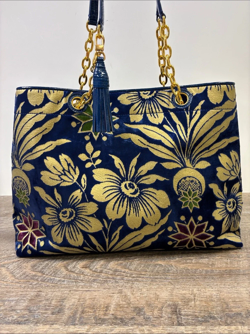 Tory Burch Rare Cosmic Floral Velvet Tote Blue Gold Shoulder Bag NWT